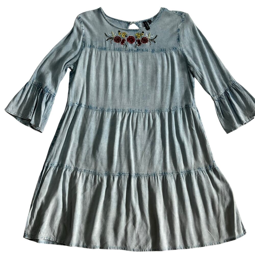 D&KADE Chambray Dress Embroidered Boho Babydoll Dress Tunic Jean Blue Women M